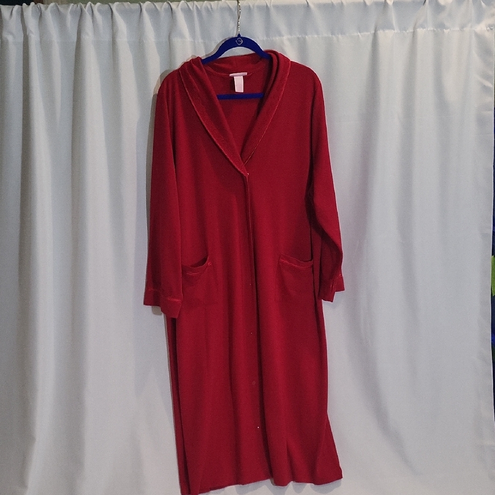 Vintage Serenada Christmas Red Long Robe 1x Pockets Lace Satin Trim Button Up